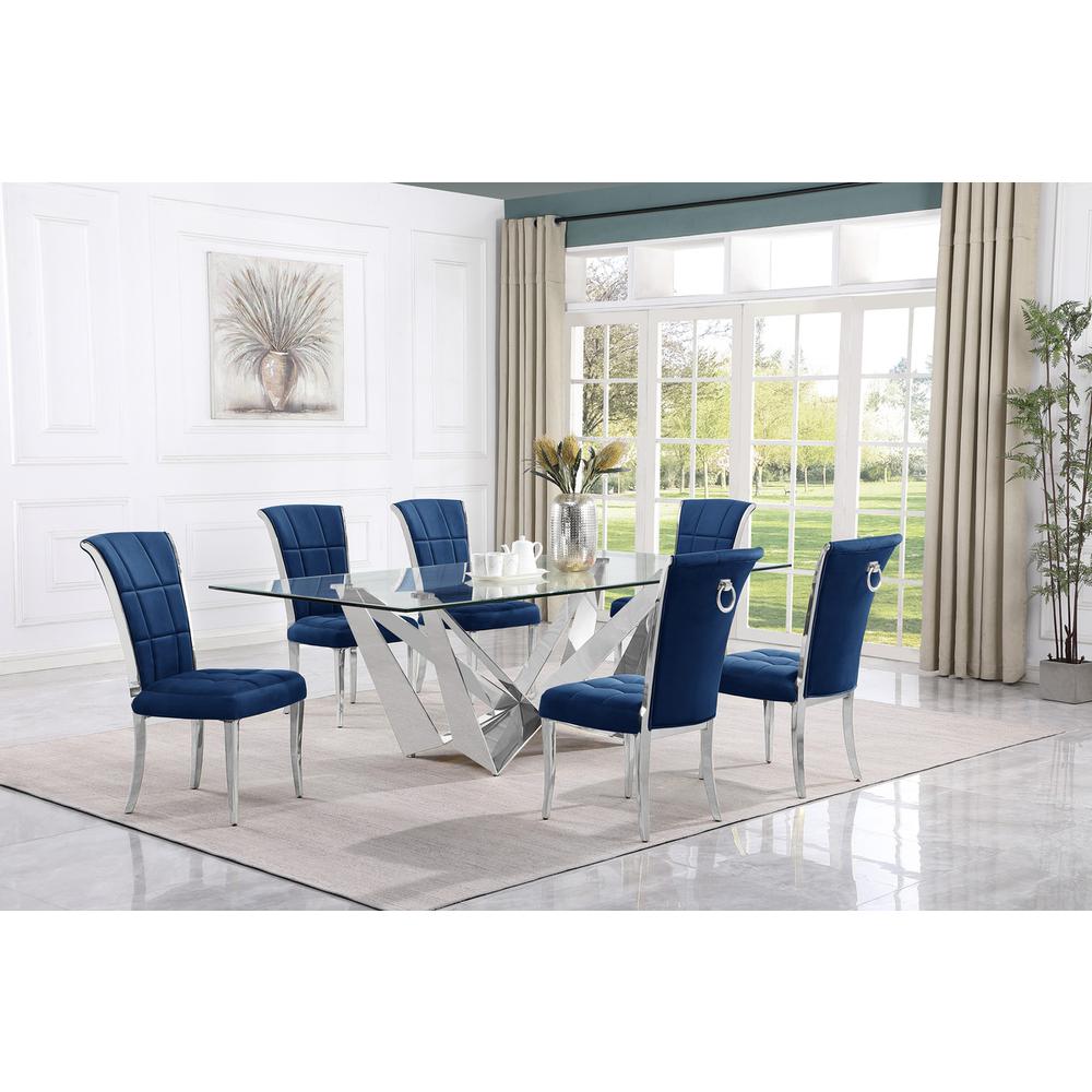 7pc Large(94") glass dining set with silver base and 6 Navy blue side chairs. Picture 4