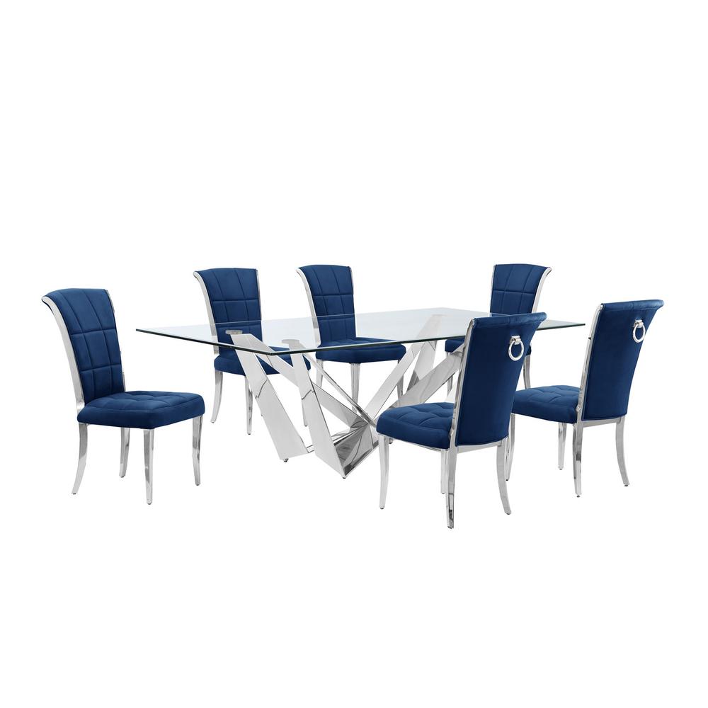 7pc Large(94") glass dining set with silver base and 6 Navy blue side chairs. Picture 1