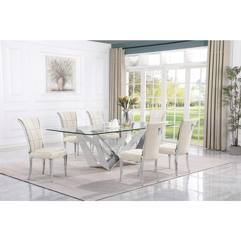 7pc Large(94") glass dining set with silver base and 6 Cream side chairs. Picture 4