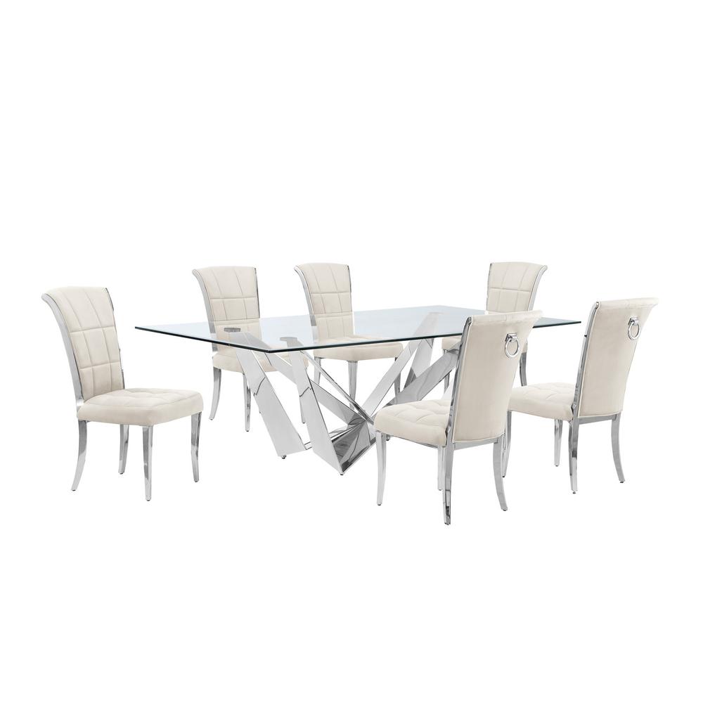 7pc Large(94") glass dining set with silver base and 6 Cream side chairs. Picture 1