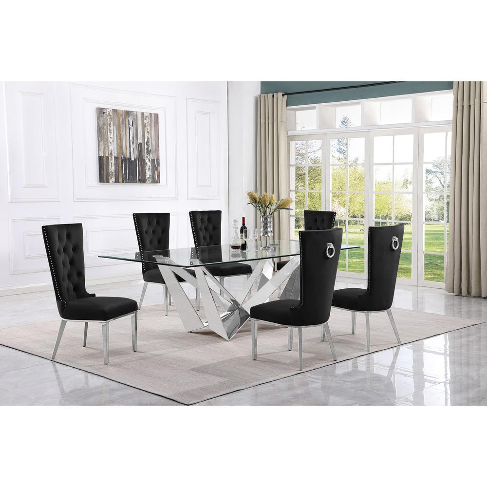 7pc Large(94") glass top dining set with silver base and 6 Black side chairs. Picture 4