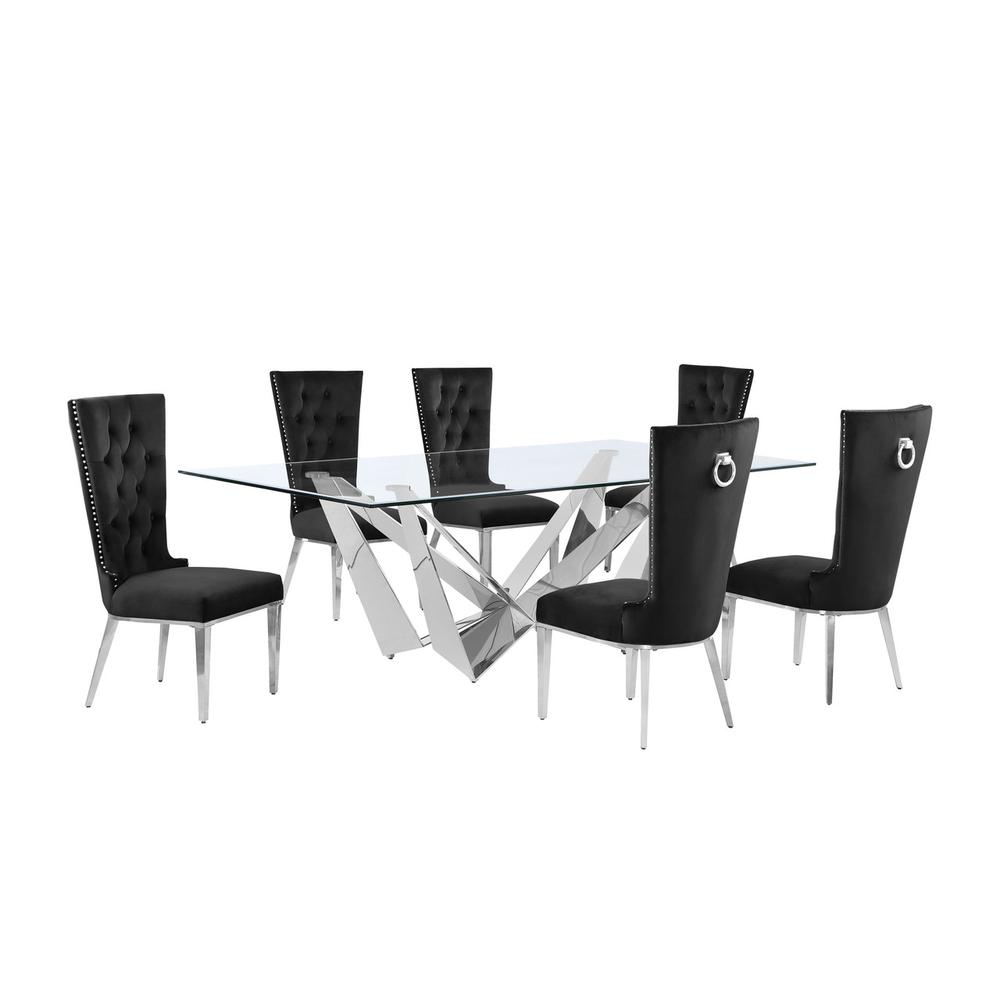 7pc Large(94") glass top dining set with silver base and 6 Black side chairs. Picture 1