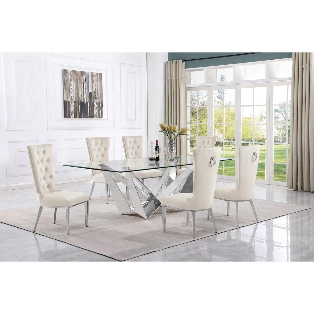 7pc Large(94") glass top dining set with silver base and 6 Cream side chairs. Picture 4