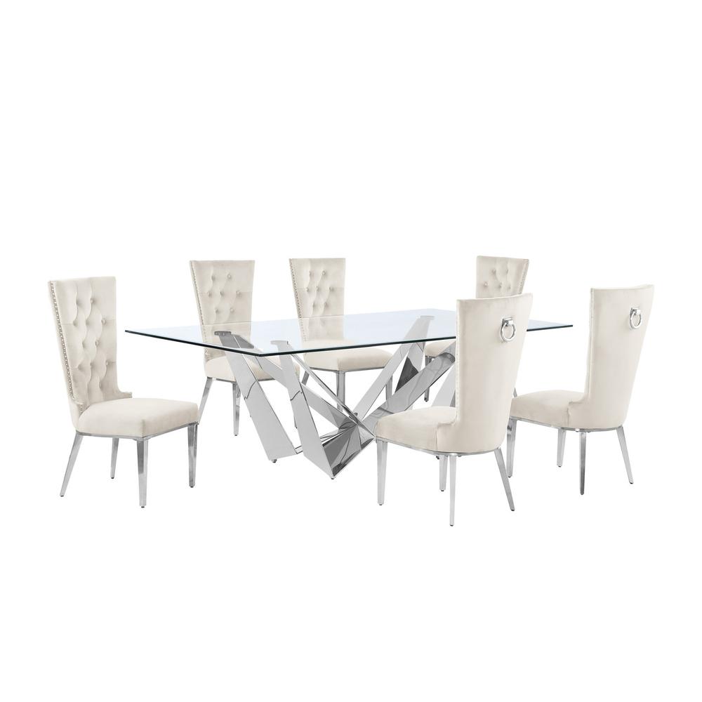 7pc Large(94") glass top dining set with silver base and 6 Cream side chairs. Picture 1