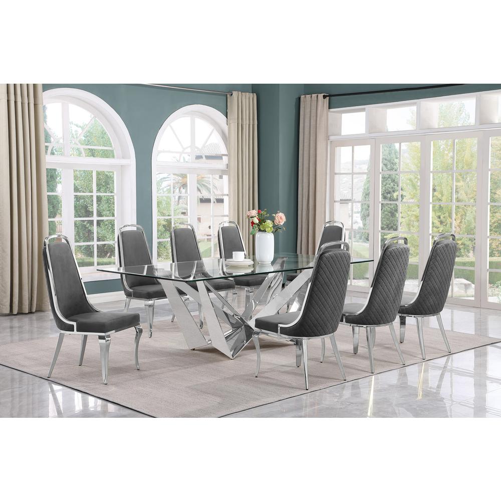 9pc Large(94") glass top topdining set with silver base and 8 Dark grey chairs. Picture 4