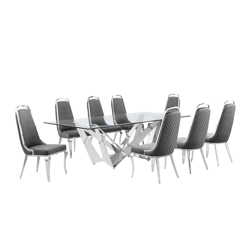 9pc Large(94") glass top topdining set with silver base and 8 Dark grey chairs. Picture 1