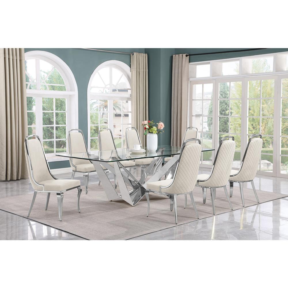 9pc Large(94") glass top dining set with silver base and 8 Cream side chairs. Picture 4