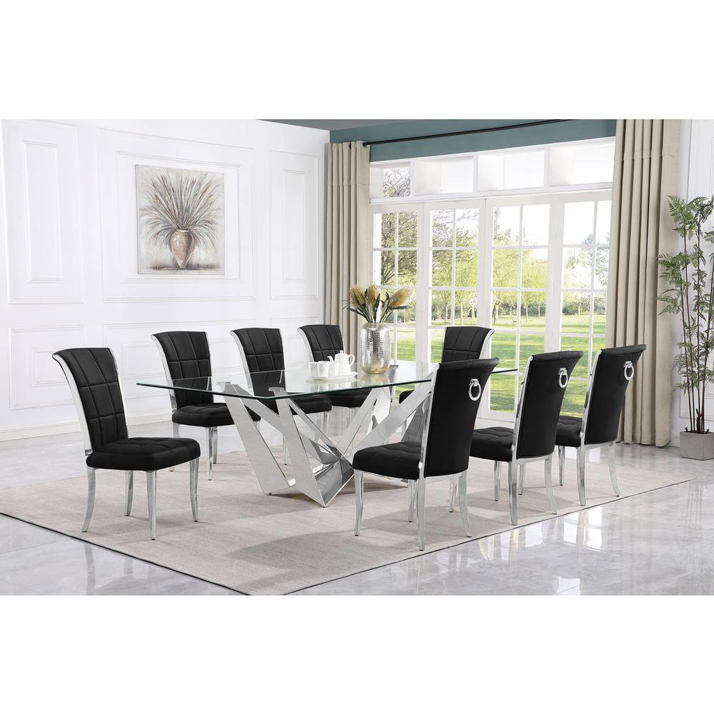 9pc Large(94") glass top dining set with silver base and 8 Black side chairs. Picture 4