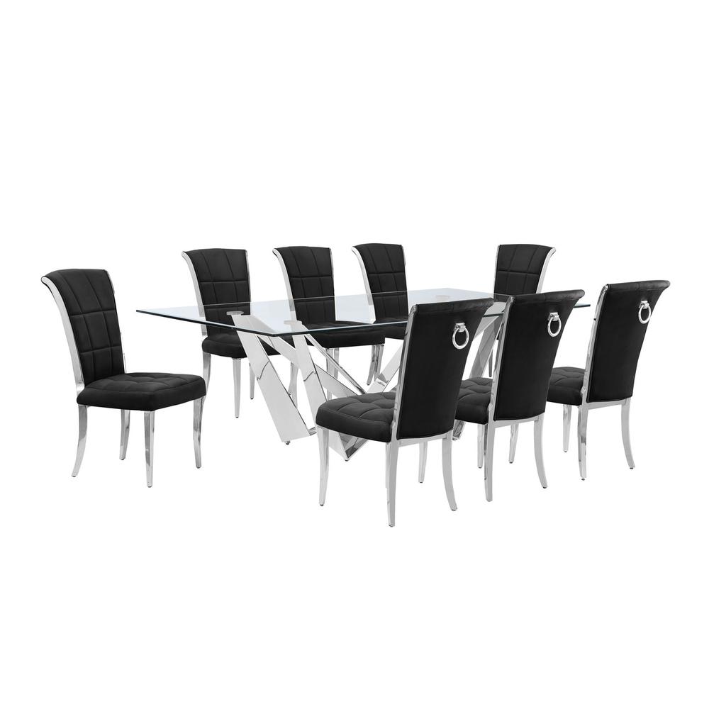 9pc Large(94") glass top dining set with silver base and 8 Black side chairs. Picture 1