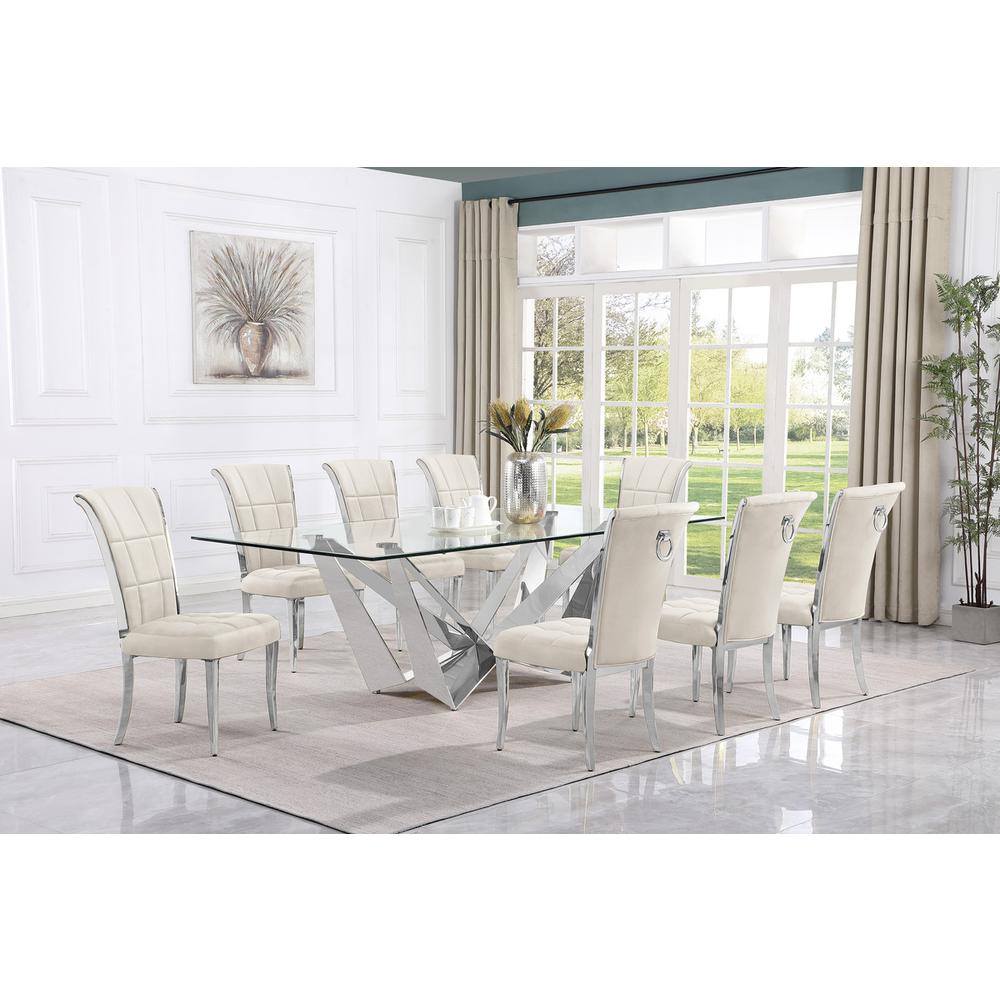 9pc Large(94") glass dining set with silver base and 8 Cream side chairs. Picture 4