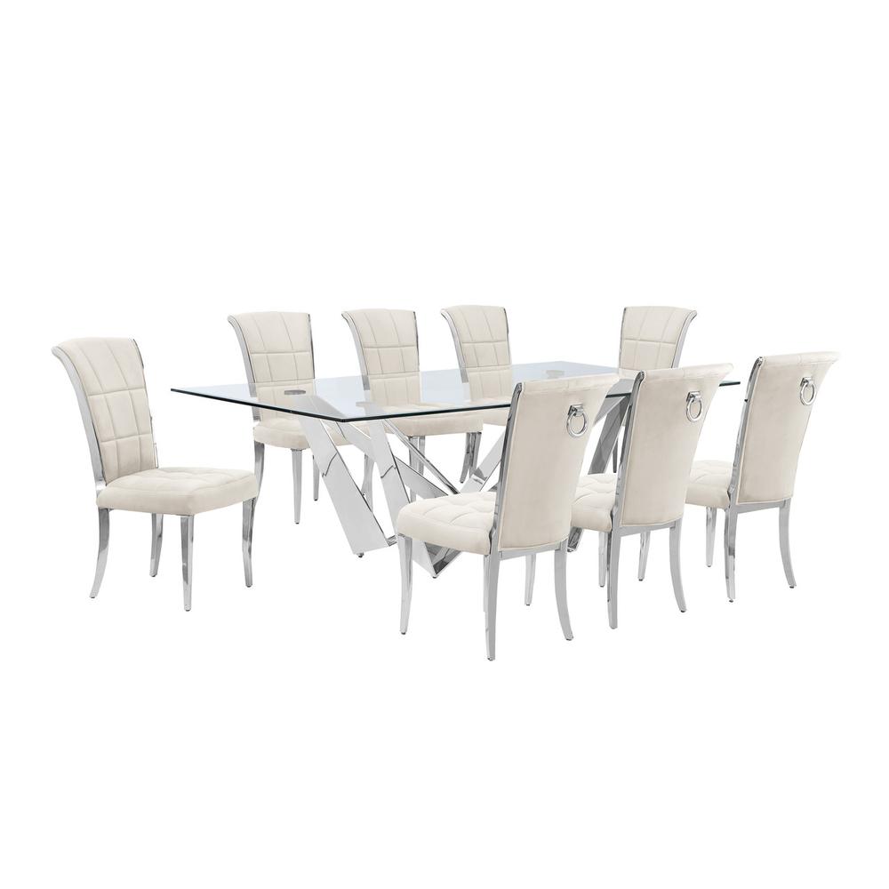 9pc Large(94") glass dining set with silver base and 8 Cream side chairs. Picture 1