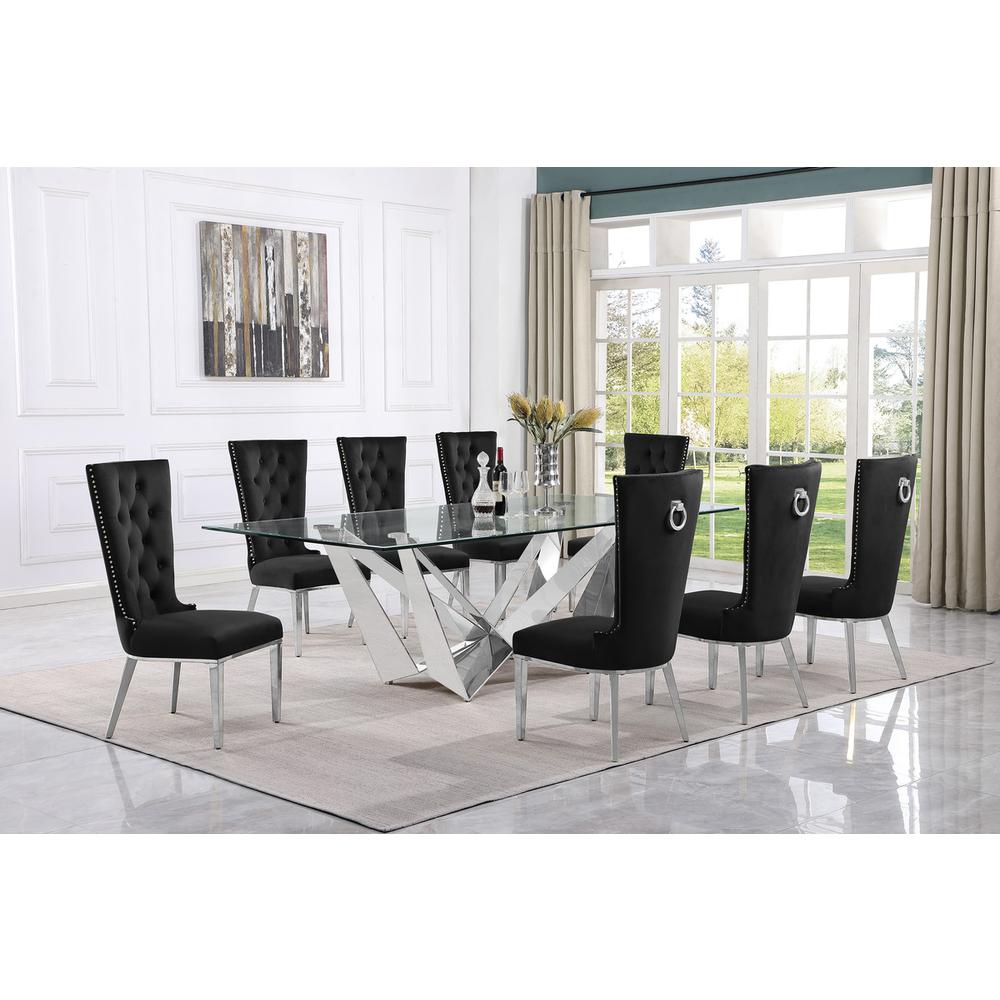 9pc Large(94") glass top dining set with silver base and 8 Black side chairs. Picture 4