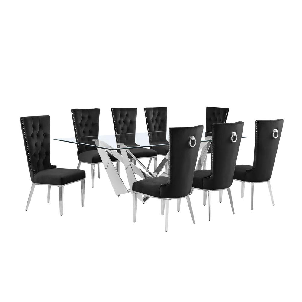 9pc Large(94") glass top dining set with silver base and 8 Black side chairs. Picture 1