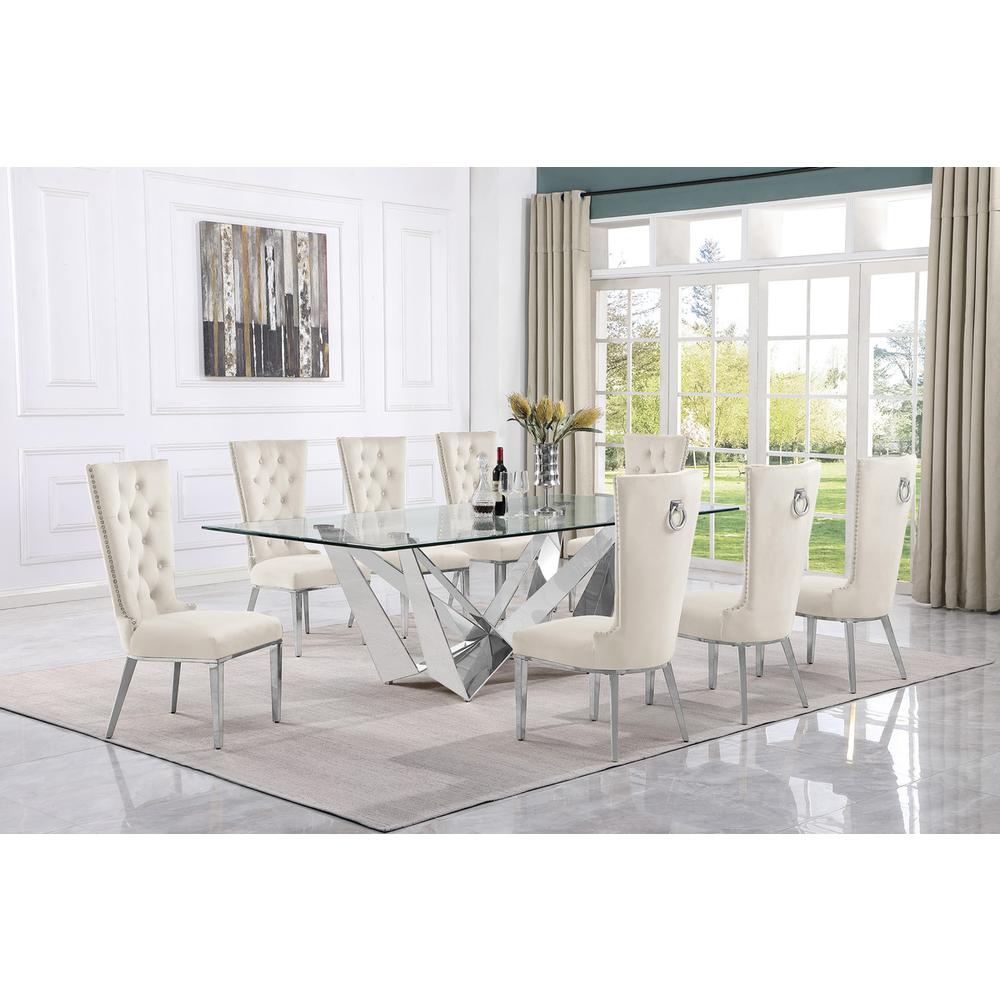 9pc Large(94") glass top dining set with silver base and 8 Cream side chairs. Picture 4