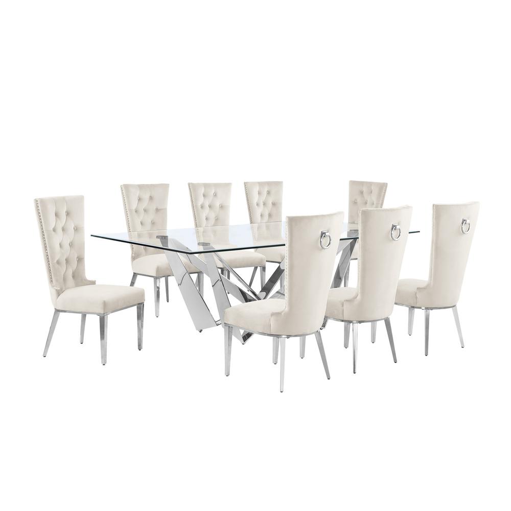 9pc Large(94") glass top dining set with silver base and 8 Cream side chairs. Picture 1