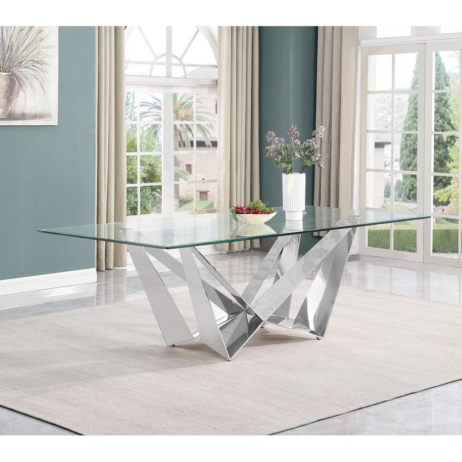 Large 94" Rectangular glass dining table with a silver stainless steel base. Picture 2