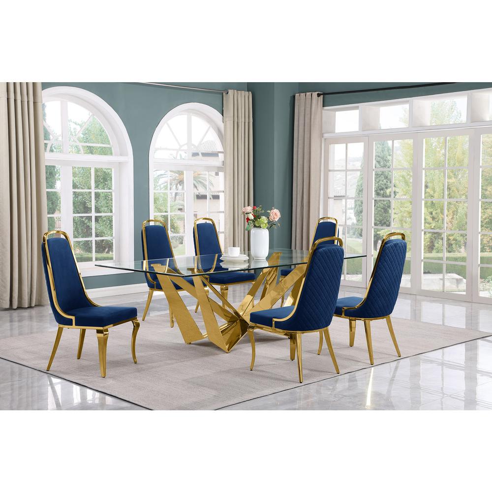 7pc Large(94") glass top dining set with gold base and 6 Navy blue side chairs. Picture 4