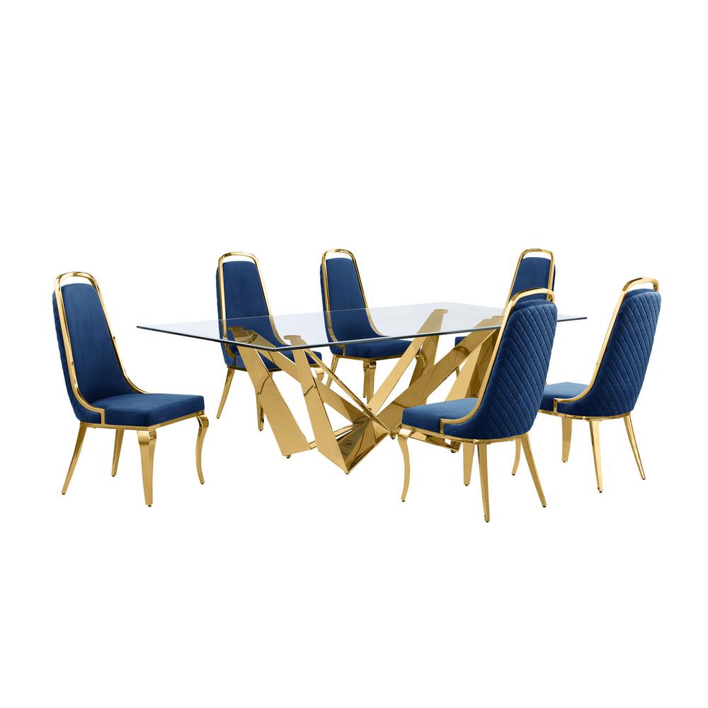 7pc Large(94") glass top dining set with gold base and 6 Navy blue side chairs. Picture 1