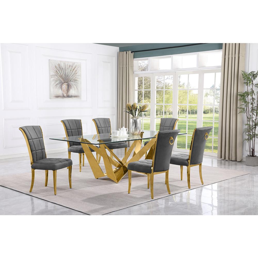 7pc Large(94") glass top dining set with gold base and 6 Dark grey side chairs. Picture 4