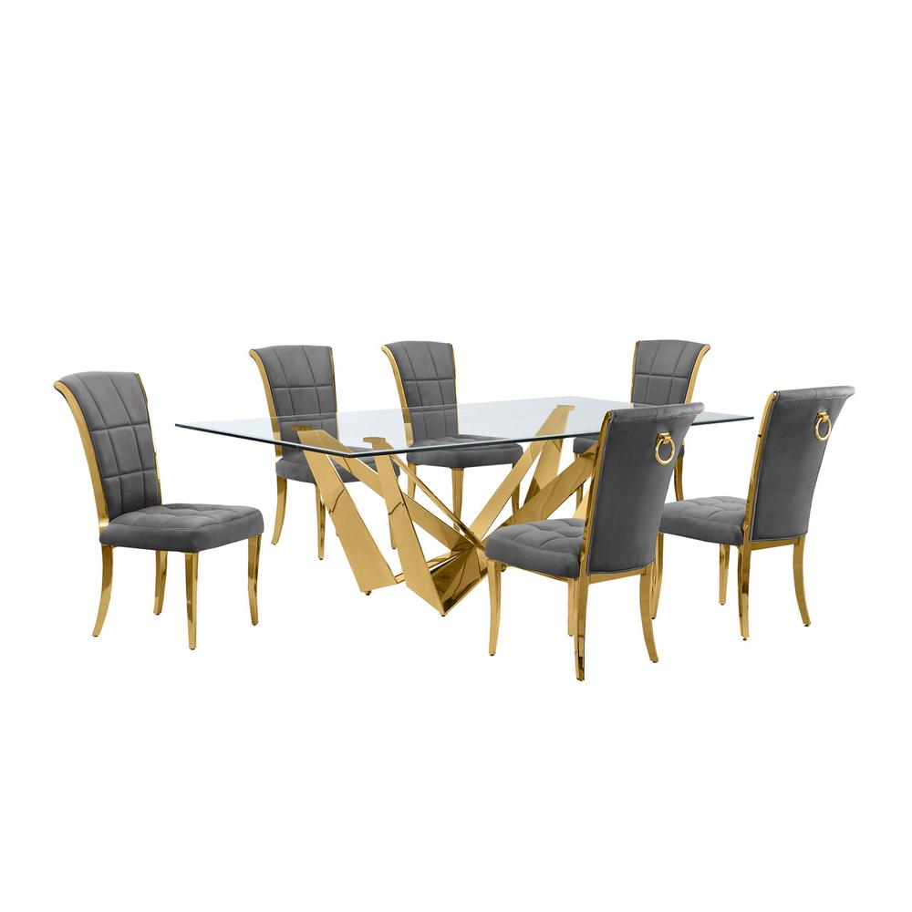 7pc Large(94") glass top dining set with gold base and 6 Dark grey side chairs. Picture 1