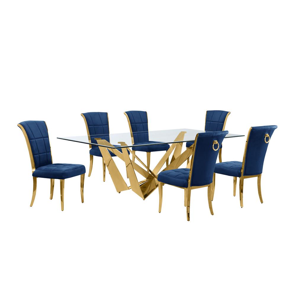 7pc Large(94") glass top dining set with gold base and 6 Navy blue side chairs. Picture 1