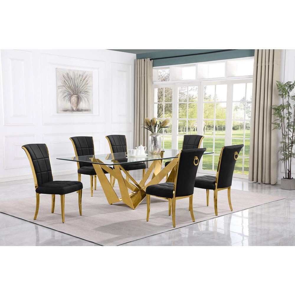 7pc Large(94") glass top dining set with gold base and 6 Black side chairs. Picture 4
