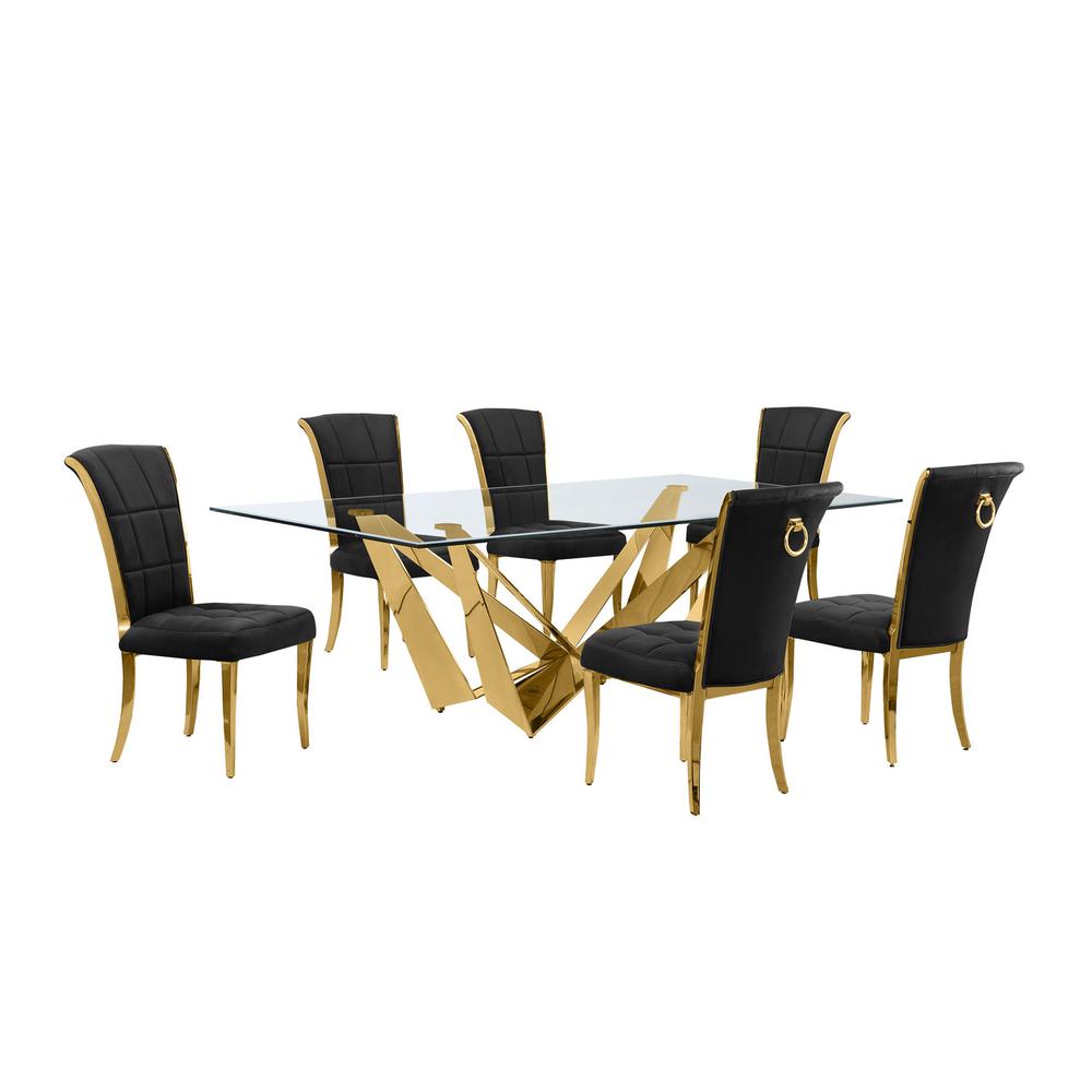 7pc Large(94") glass top dining set with gold base and 6 Black side chairs. Picture 1