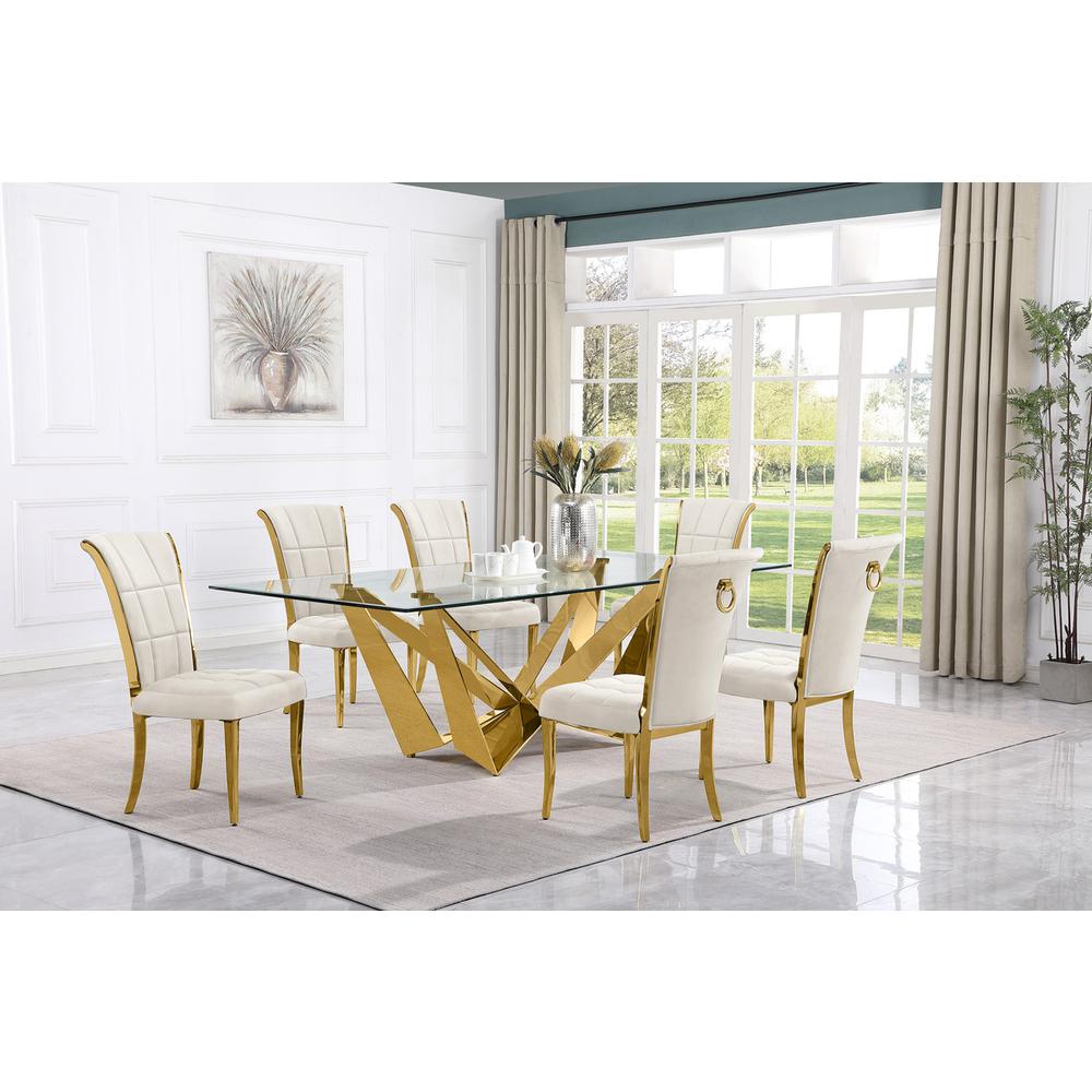 7pc Large(94") glass top dining set with gold base and 6 Cream side chairs. Picture 4