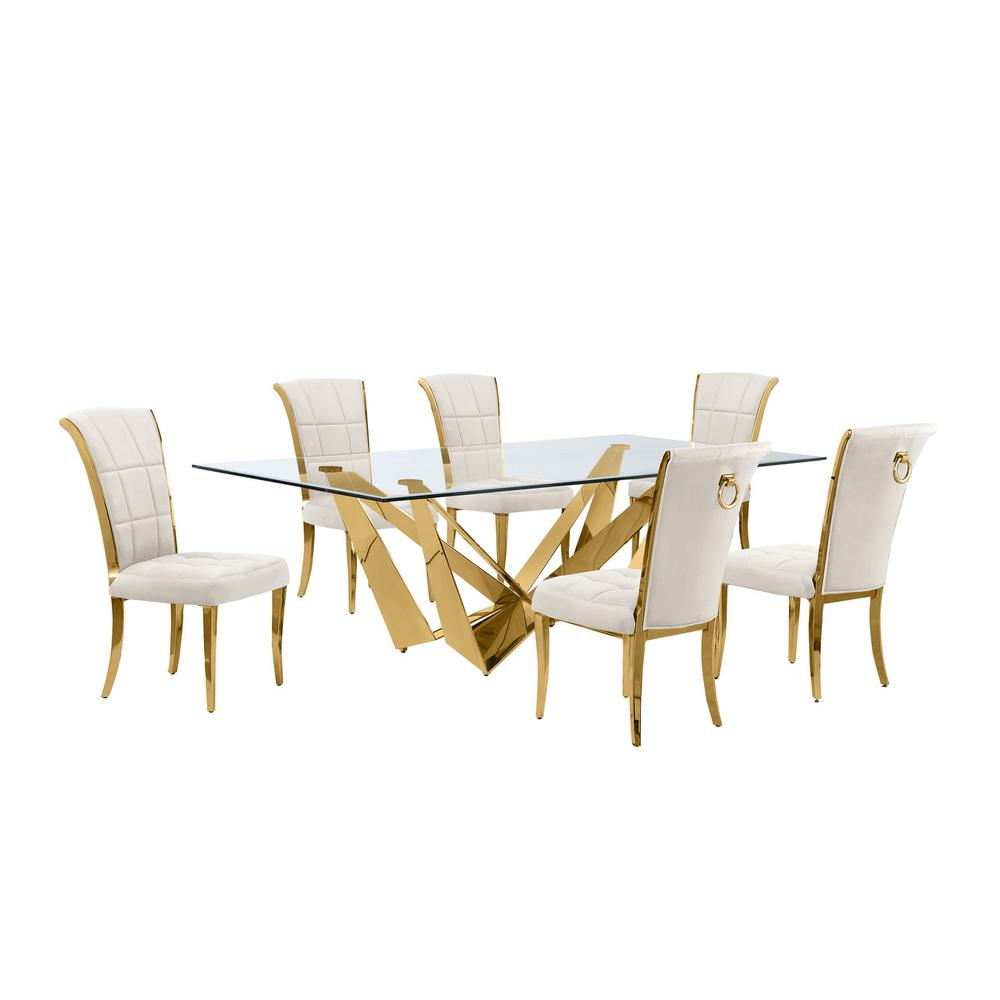 7pc Large(94") glass top dining set with gold base and 6 Cream side chairs. Picture 1