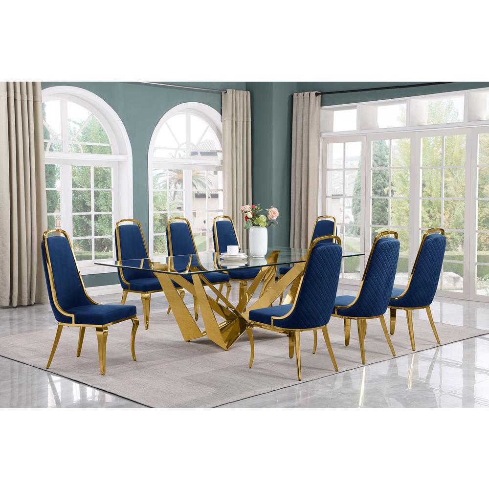 9pc Large(94") glass top dining set with gold base and 8 Navy blue side chairs. Picture 4