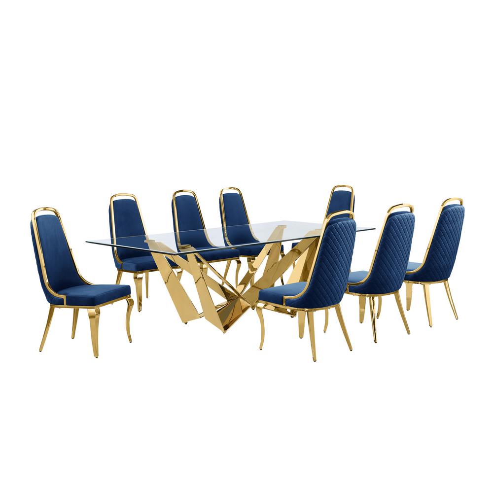 9pc Large(94") glass top dining set with gold base and 8 Navy blue side chairs. Picture 1