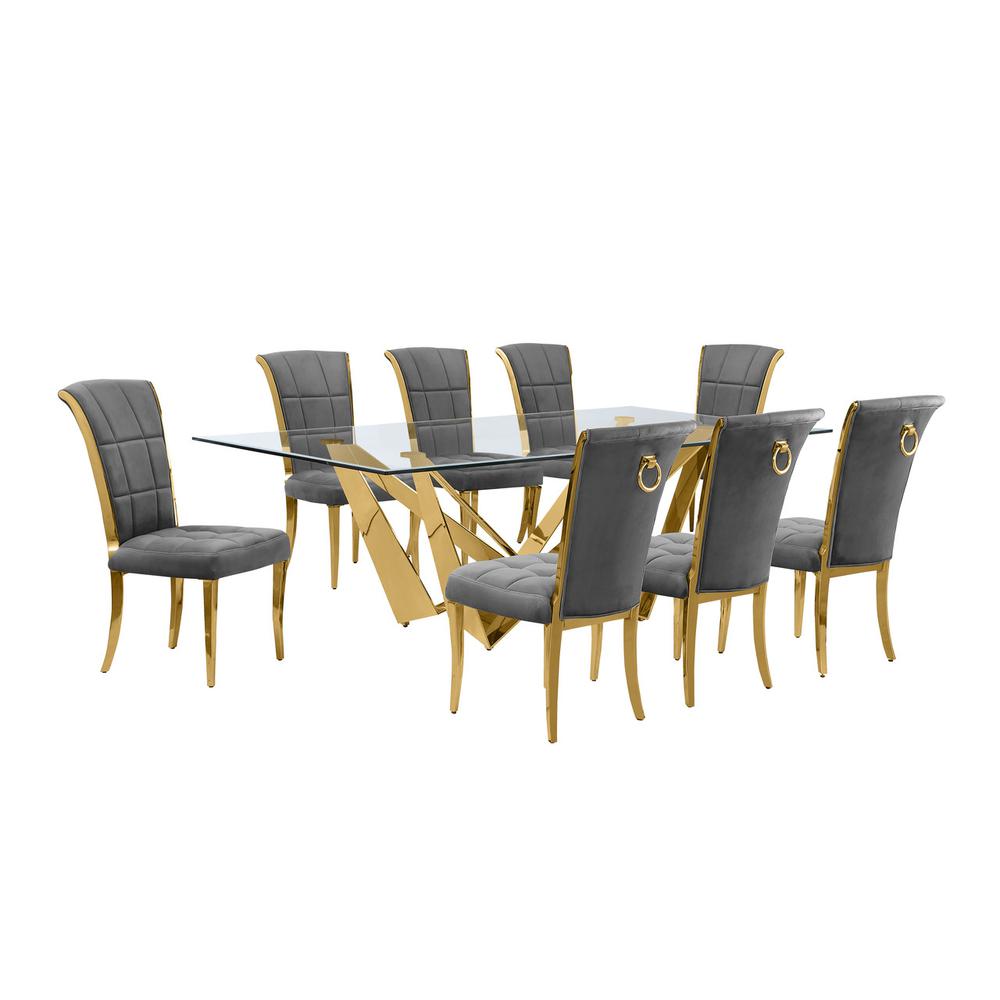 9pc Large(94") glass top dining set with gold base and 8 Dark grey side chairs. Picture 1
