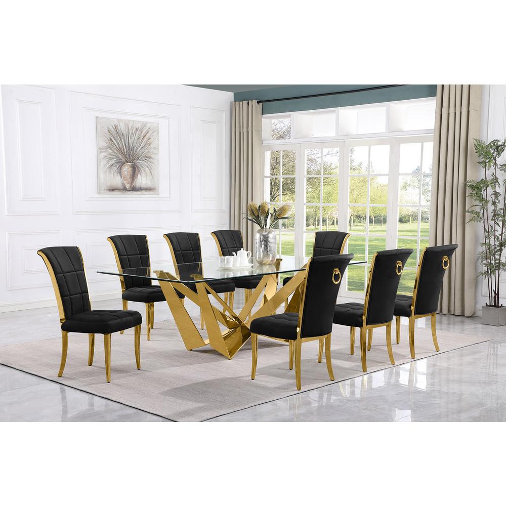 9pc Large(94") glass top dining set with gold base and 8 Black side chairs. Picture 4