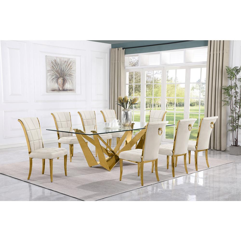 9pc Large(94") glass top dining set with gold base and 8 Cream mside chairs. Picture 4