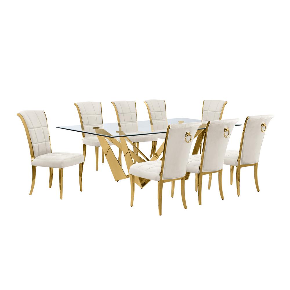 9pc Large(94") glass top dining set with gold base and 8 Cream mside chairs. Picture 1