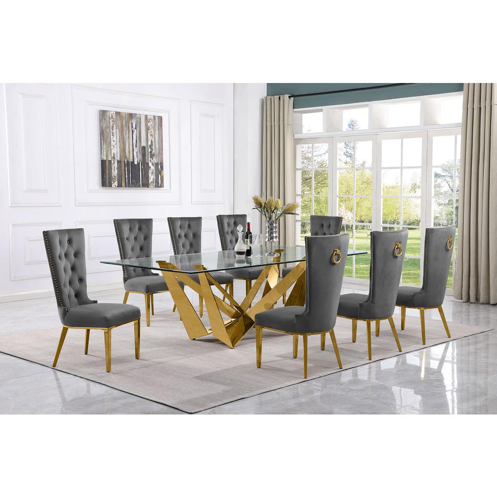9pc Large(94") glass top dining set with gold base and 8 Dark grey side chairs. Picture 4