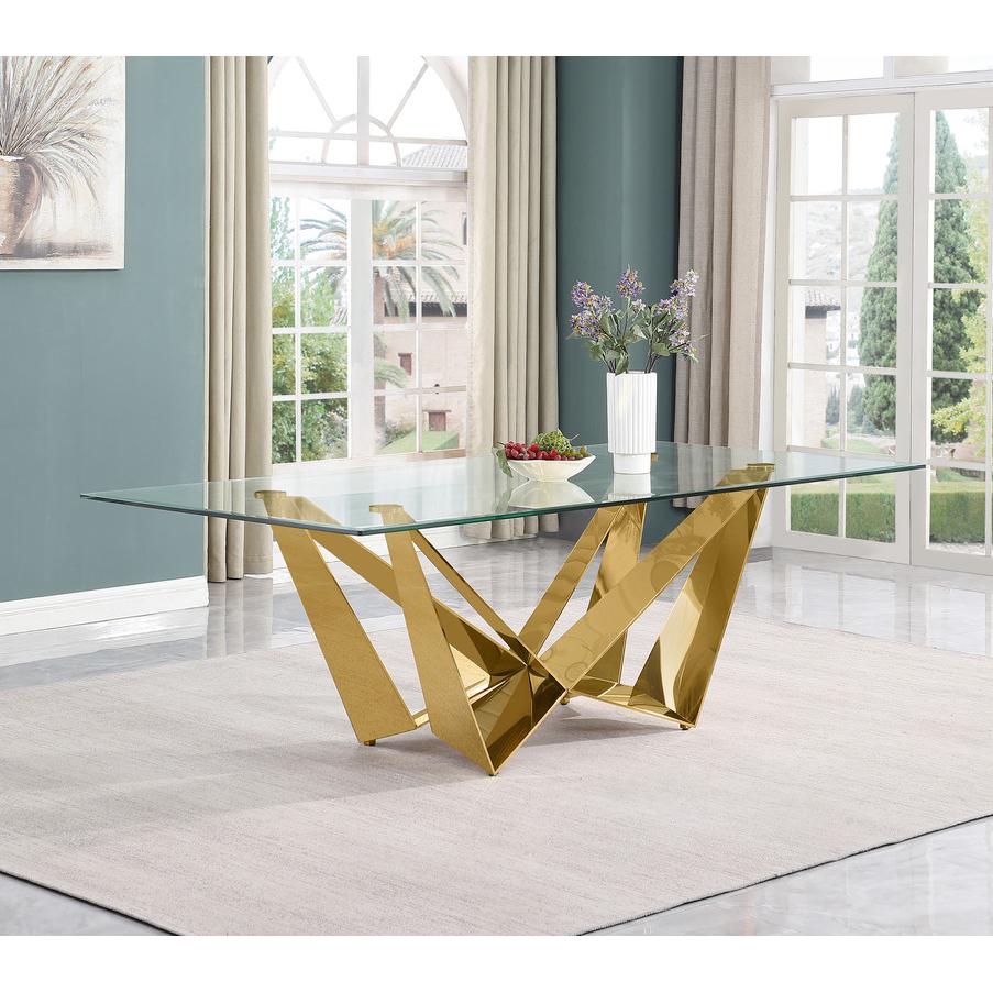 Large 94" Rectangular glass dining table with a gold color stainless steel base. Picture 2