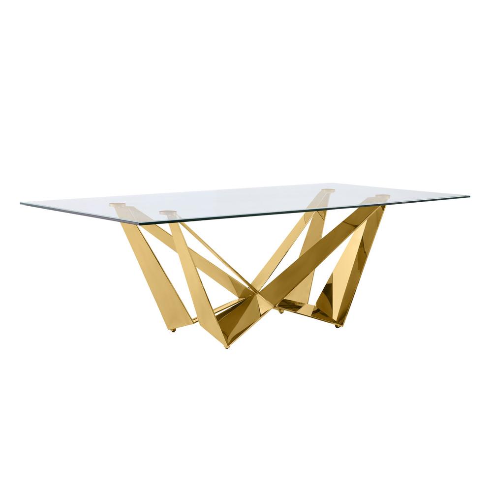 Large 94" Rectangular glass dining table with a gold color stainless steel base. Picture 1