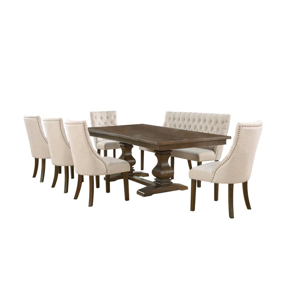 7pc dining set- Expandable dinging table with 5 upholstered beige side chairs and 1 matching side bench. Picture 1