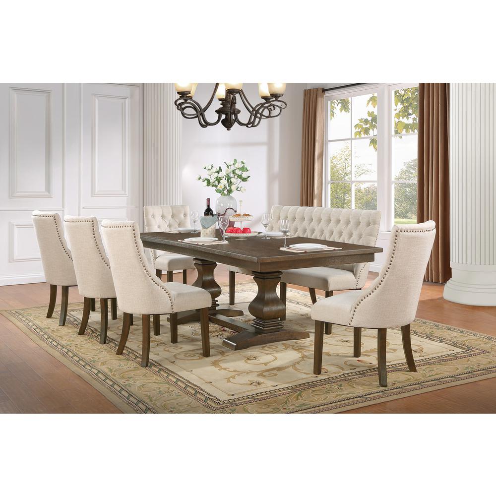 7pc dining set- Expandable dinging table with 5 upholstered beige side chairs and 1 matching side bench. Picture 5