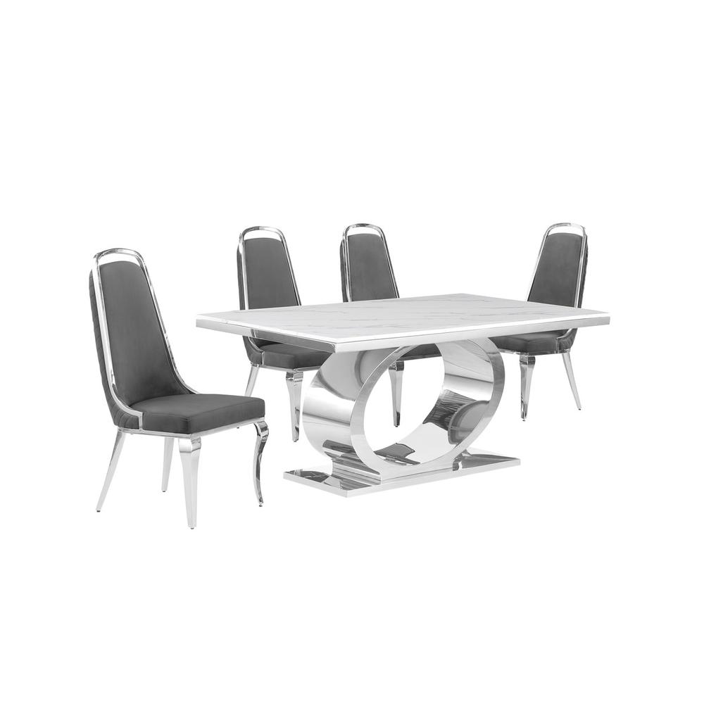 5pc Small(68") marble top dining set with silver base and 4 Dark grey chairs. Picture 1