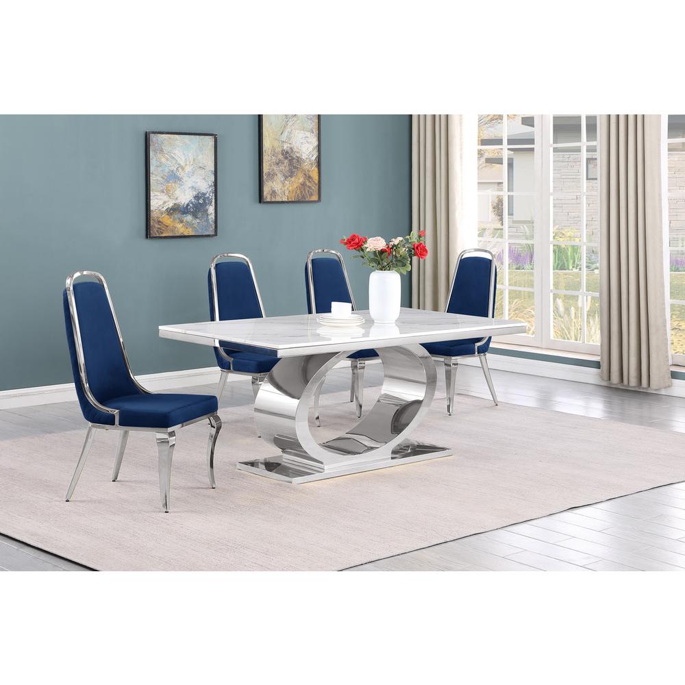 5pc Small(68") marble top dining set with silver base and 4 Navy blue chairs. Picture 5