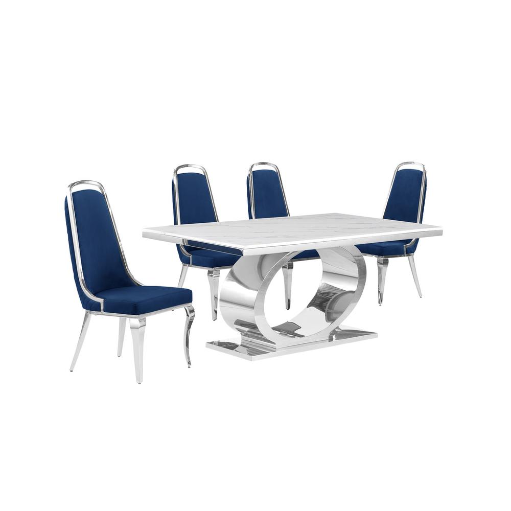 5pc Small(68") marble top dining set with silver base and 4 Navy blue chairs. Picture 1