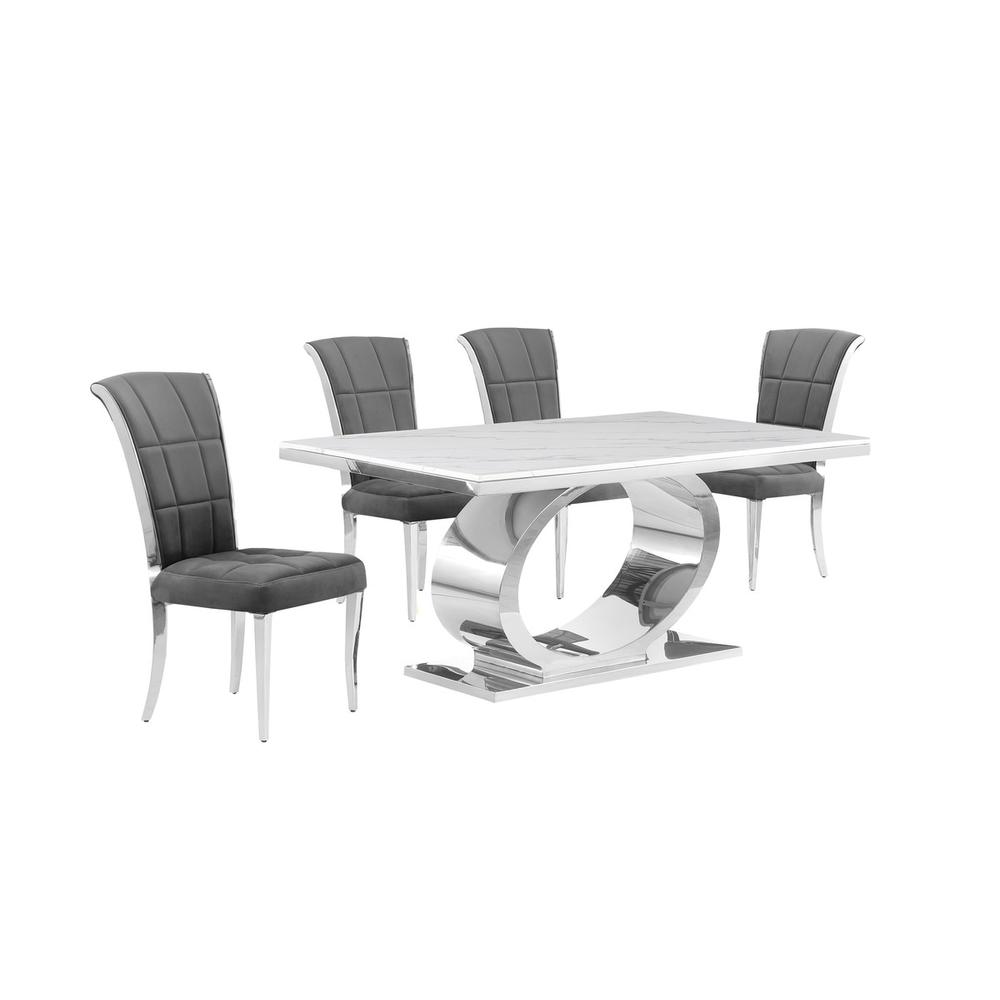 5pc Small(48") marble top dining set with silver base and 4 Dark grey chairs. Picture 1