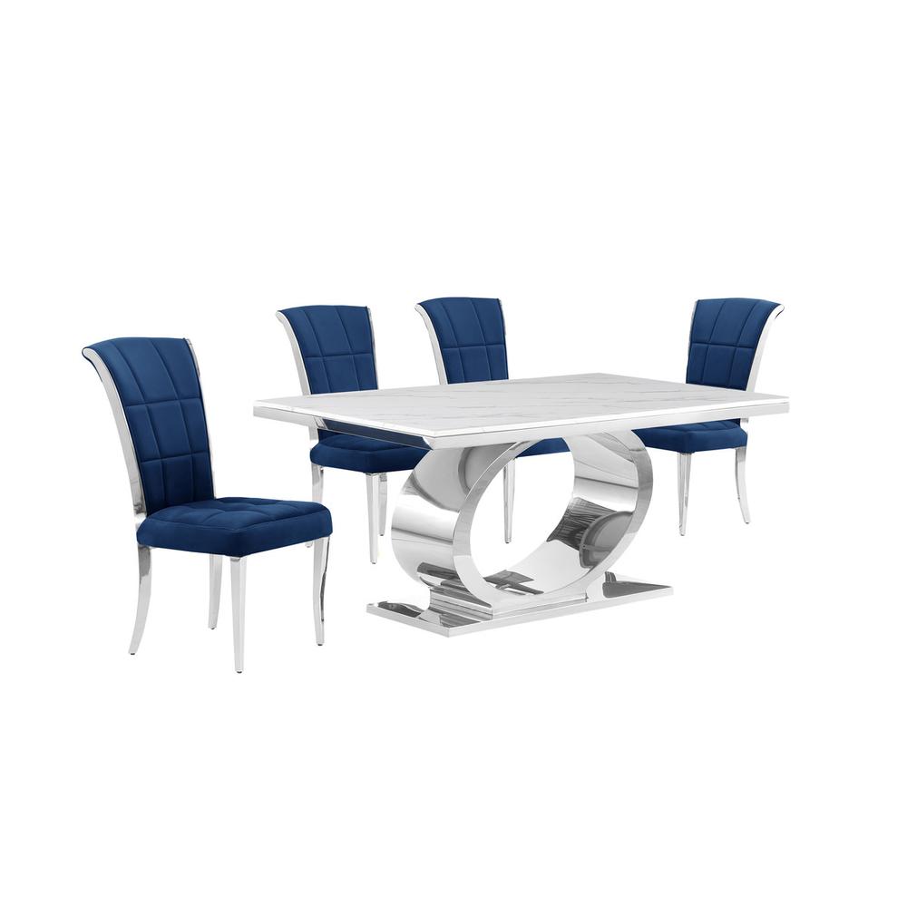 5pc Small(48") marble top dining set with silver base and 4 Navy blue chairs. Picture 1