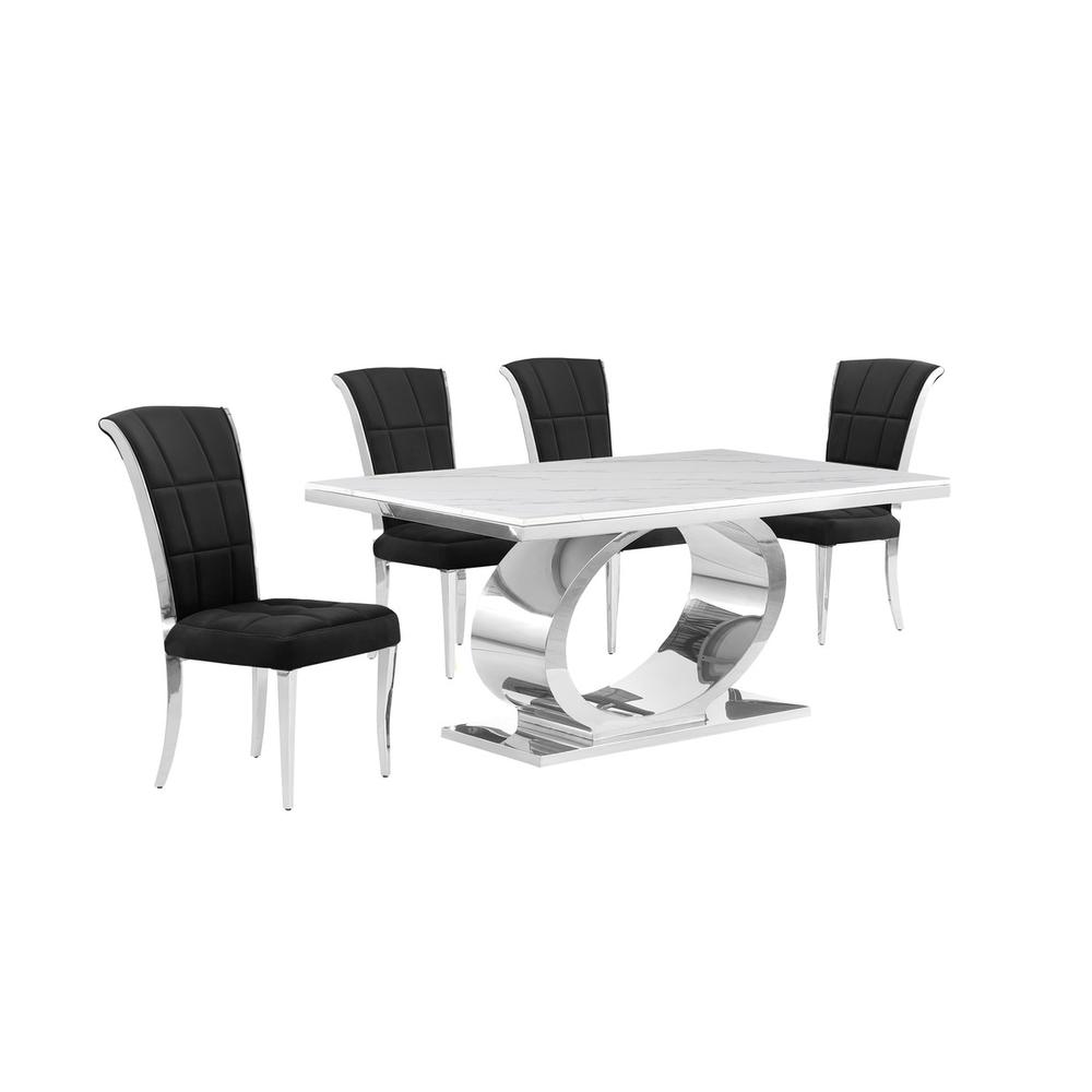 5pc Small(48") marble top dining set with silver base and 4 Black side chairs. Picture 1