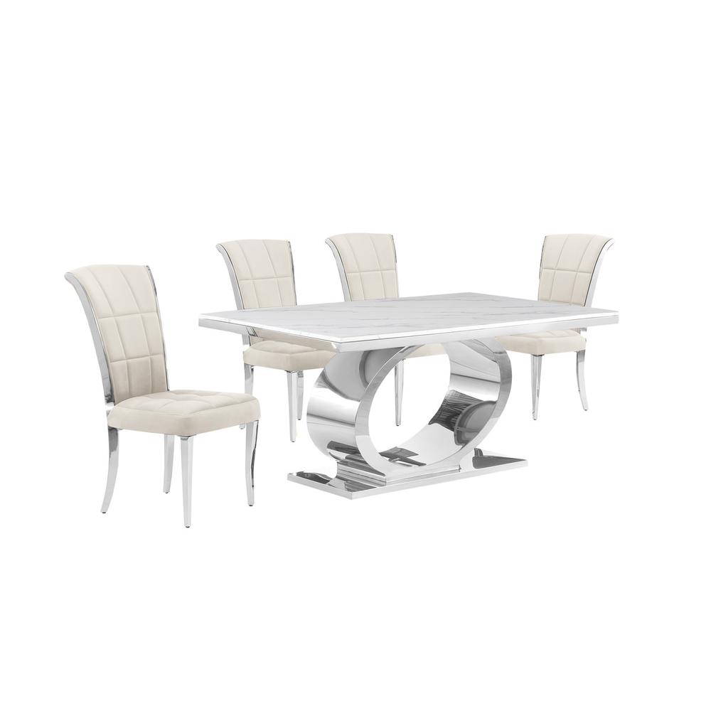 5pc Small(48") marble top dining set with silver base and 4 Cream side chairs. Picture 1