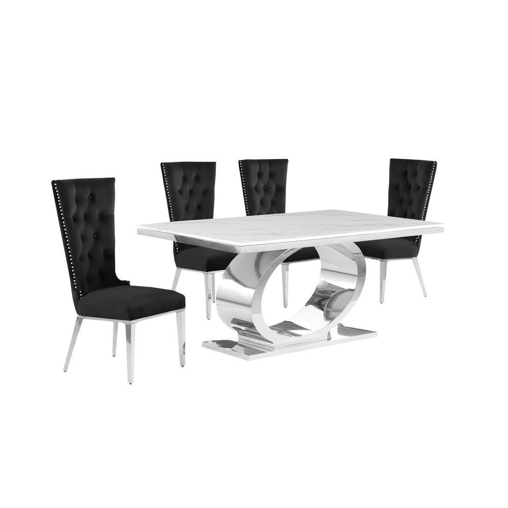 5pc Small(68") marble top dining set with silver base and 4 Black side chairs. Picture 1