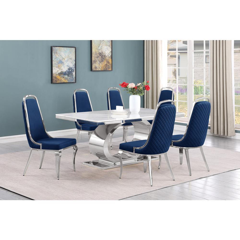 7pc Large(68") marble top dining set with silver base and 6 Navy blue chairs. Picture 5