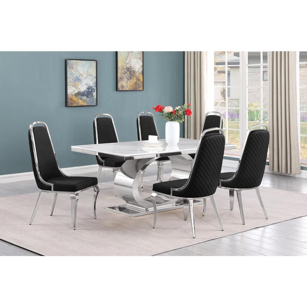 7pc Large(68") marble top dining set with silver base and 6 Black side chairs. Picture 5
